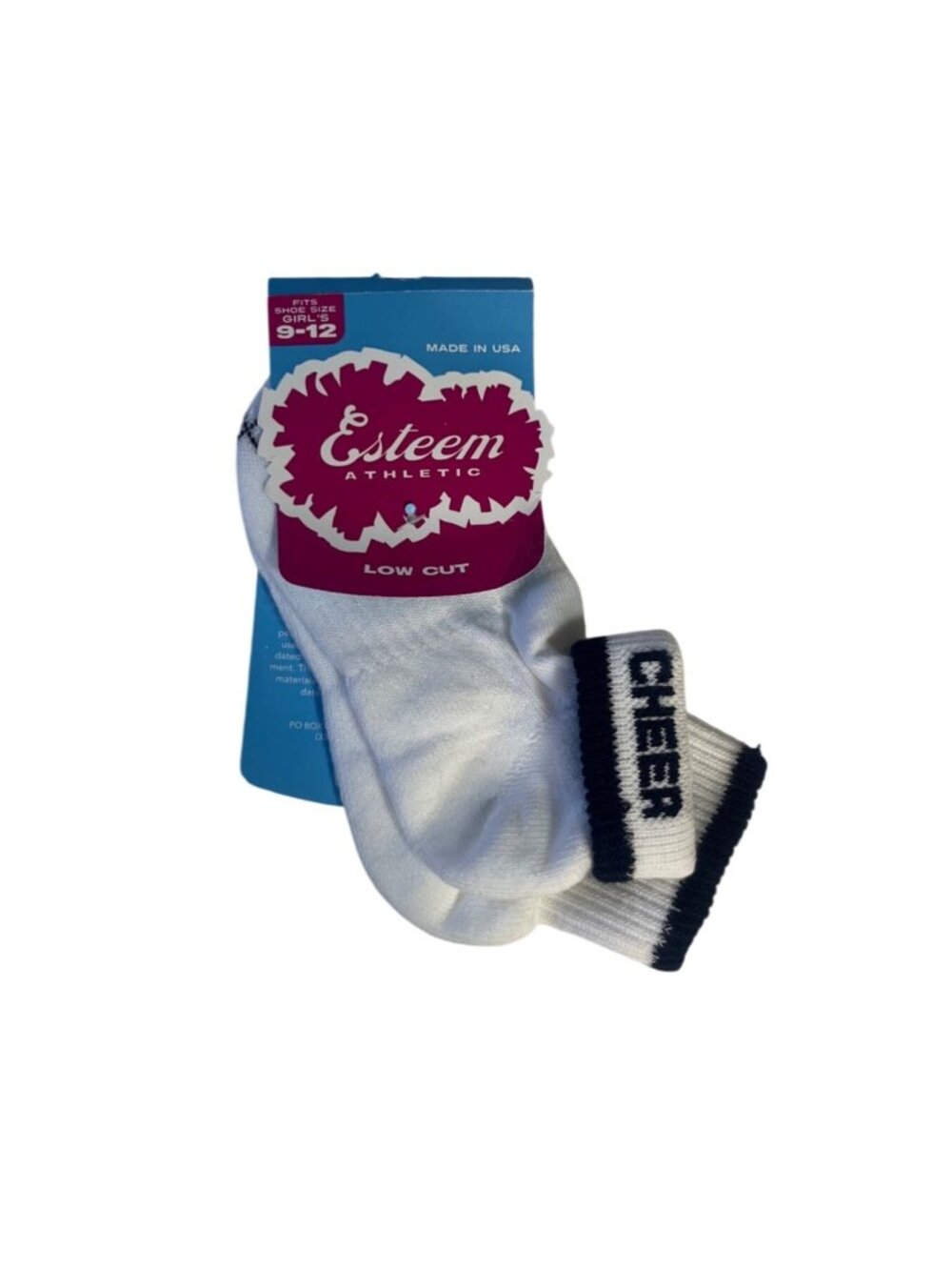 Esteem Athletic Low Cut Cheer Socks White Navy Girls Size 9-12 New Moisture Wick